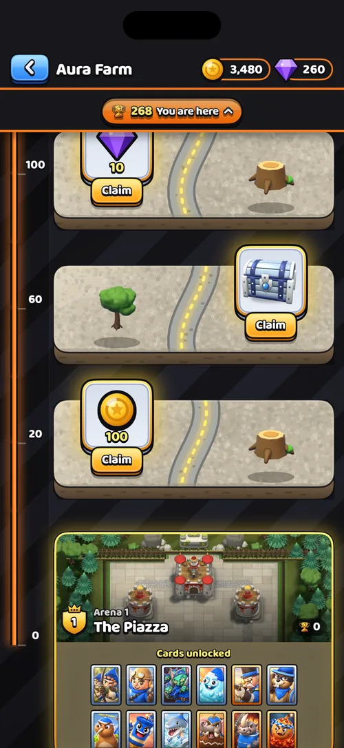 The Aura Farm trophy road with rewards to claim